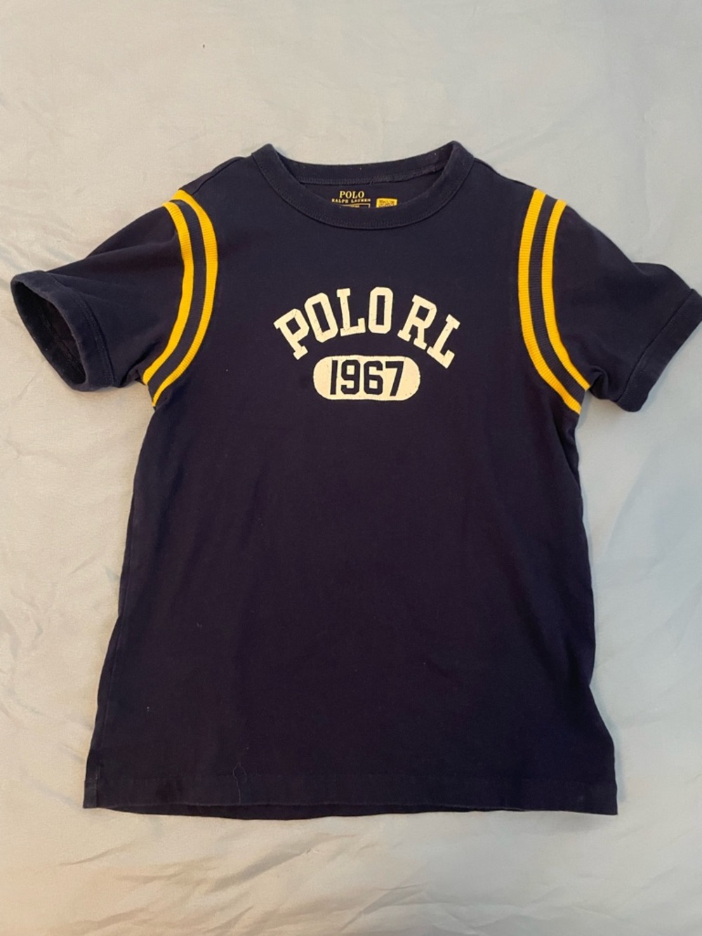 Polo by Ralph Lauren Navy Tee with Yellow Sleeve Stripes & White Logo